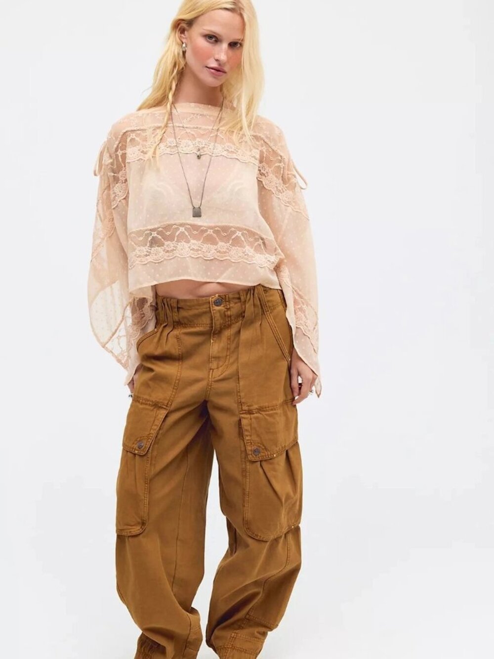 Free People Sofia Cape Blouse Top Sheer Floral Lace Embroidered Ruched M 290427